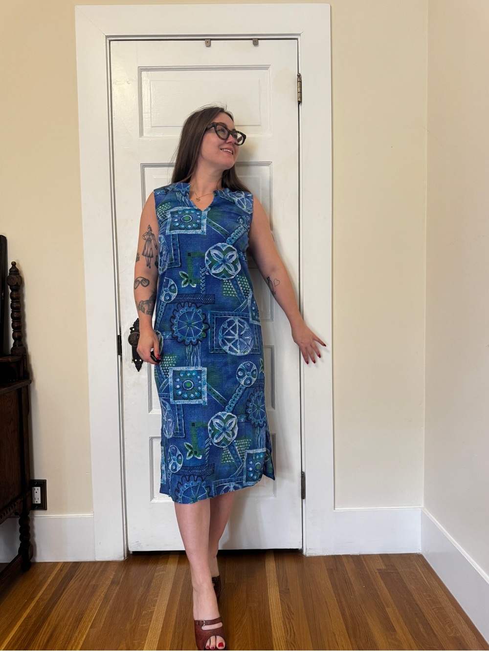 70s Vintage Blue Barkcloth Wiggle Dress Sz M
